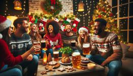 DALL·E 2023-12-23 19.24.13 - A festive Christmas beer party scene. The setting is a cozy room adorned with Christmas decorations including a brightly lit Christmas tree, stockings.png